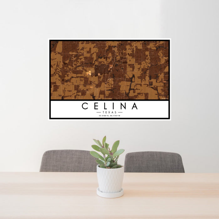 24x36 Celina Texas Map Print Landscape Orientation in Ember Style Behind 2 Chairs Table and Potted Plant
