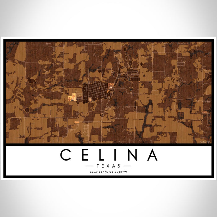 Celina Texas Map Print Landscape Orientation in Ember Style With Shaded Background