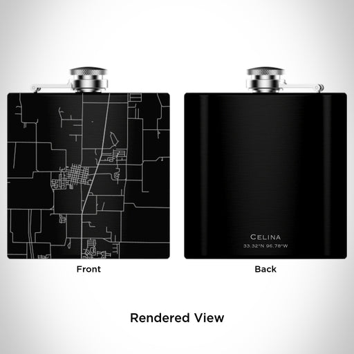 Rendered View of Celina Texas Map Engraving on 6oz Stainless Steel Flask in Black