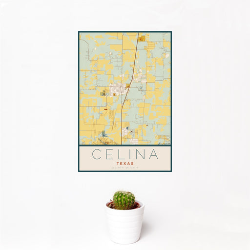12x18 Celina Texas Map Print Portrait Orientation in Woodblock Style With Small Cactus Plant in White Planter