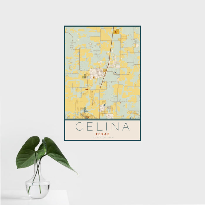 16x24 Celina Texas Map Print Portrait Orientation in Woodblock Style With Tropical Plant Leaves in Water