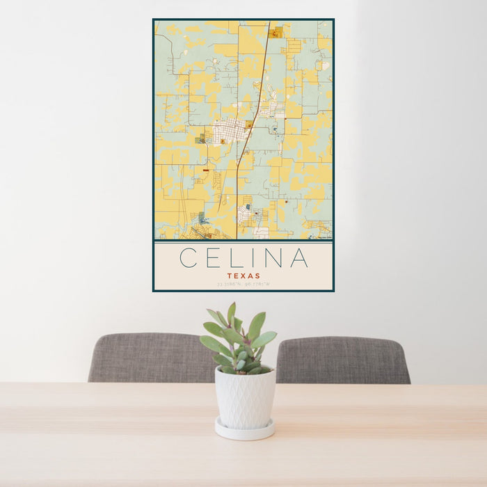 24x36 Celina Texas Map Print Portrait Orientation in Woodblock Style Behind 2 Chairs Table and Potted Plant