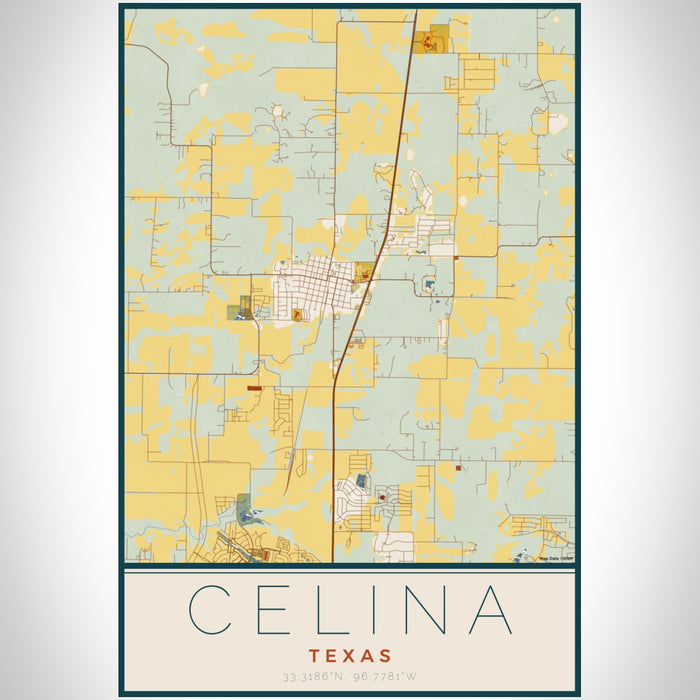 Celina Texas Map Print Portrait Orientation in Woodblock Style With Shaded Background