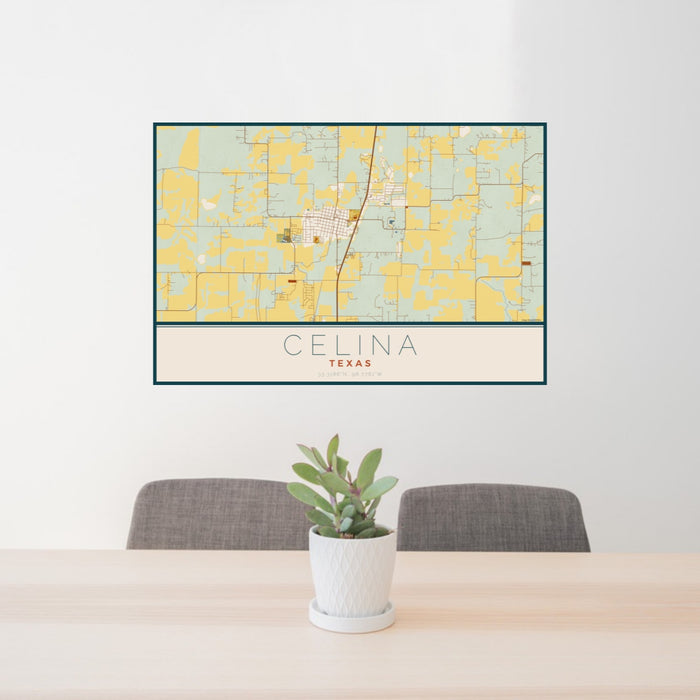 24x36 Celina Texas Map Print Landscape Orientation in Woodblock Style Behind 2 Chairs Table and Potted Plant