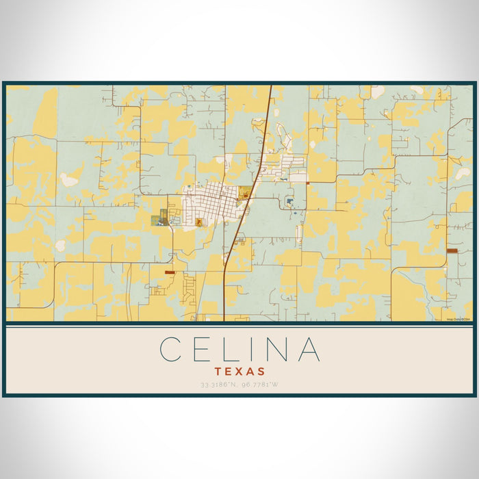 Celina Texas Map Print Landscape Orientation in Woodblock Style With Shaded Background