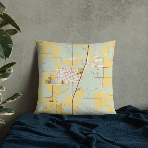 Custom Celina Texas Map Throw Pillow in Woodblock on Bedding Against Wall