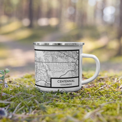 Right View Custom Centennial Colorado Map Enamel Mug in Classic on Grass With Trees in Background