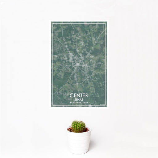 12x18 Center Texas Map Print Portrait Orientation in Afternoon Style With Small Cactus Plant in White Planter