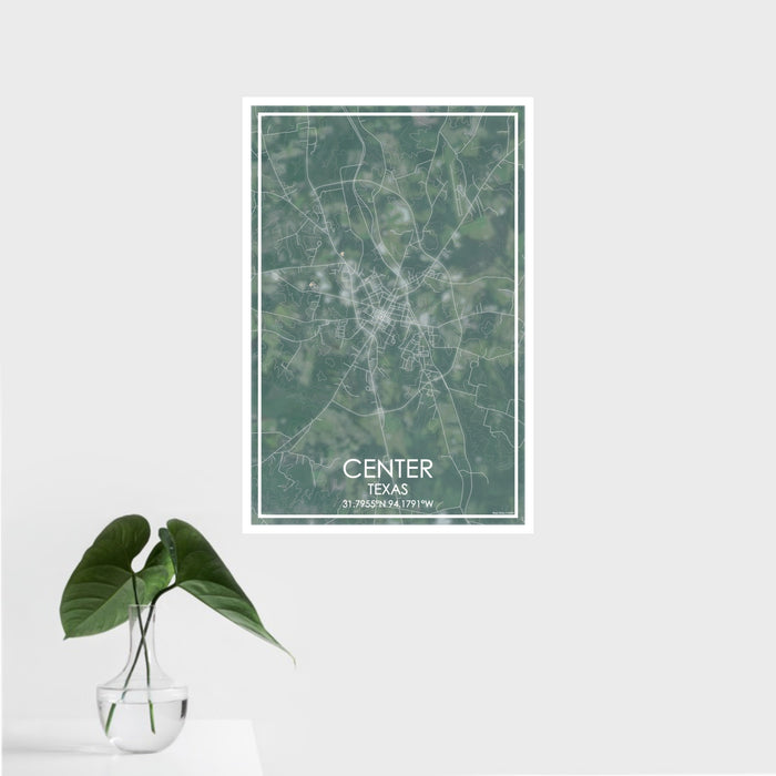 16x24 Center Texas Map Print Portrait Orientation in Afternoon Style With Tropical Plant Leaves in Water