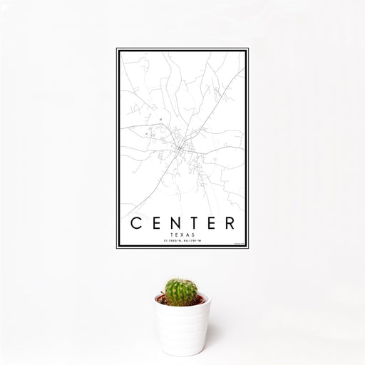 12x18 Center Texas Map Print Portrait Orientation in Classic Style With Small Cactus Plant in White Planter