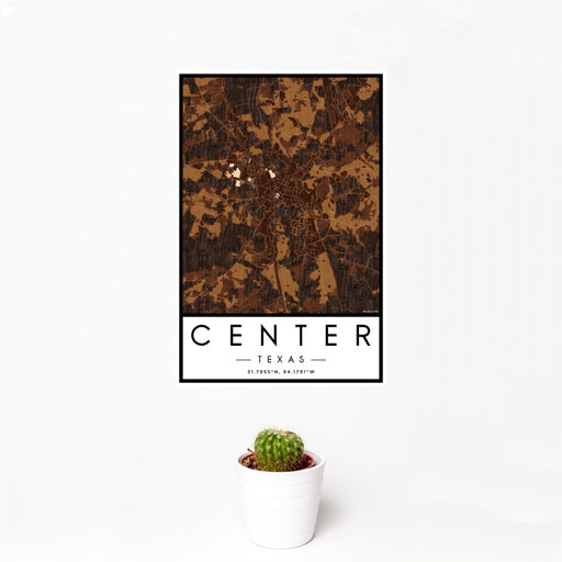 12x18 Center Texas Map Print Portrait Orientation in Ember Style With Small Cactus Plant in White Planter