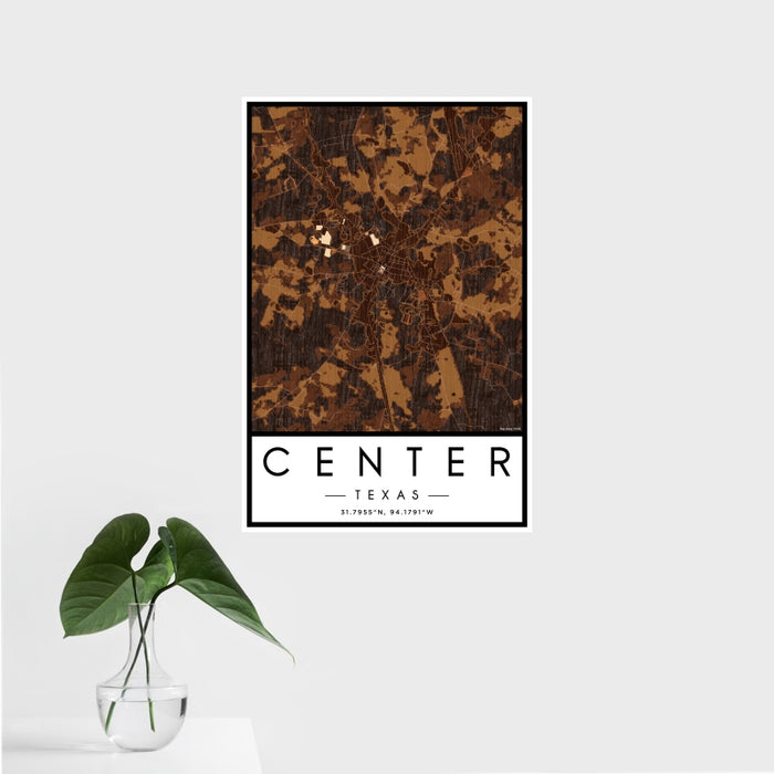 16x24 Center Texas Map Print Portrait Orientation in Ember Style With Tropical Plant Leaves in Water