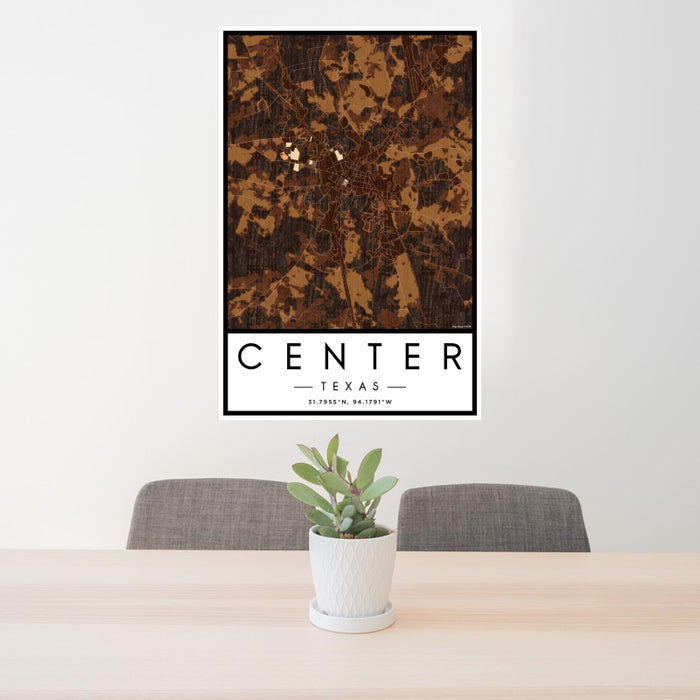 24x36 Center Texas Map Print Portrait Orientation in Ember Style Behind 2 Chairs Table and Potted Plant