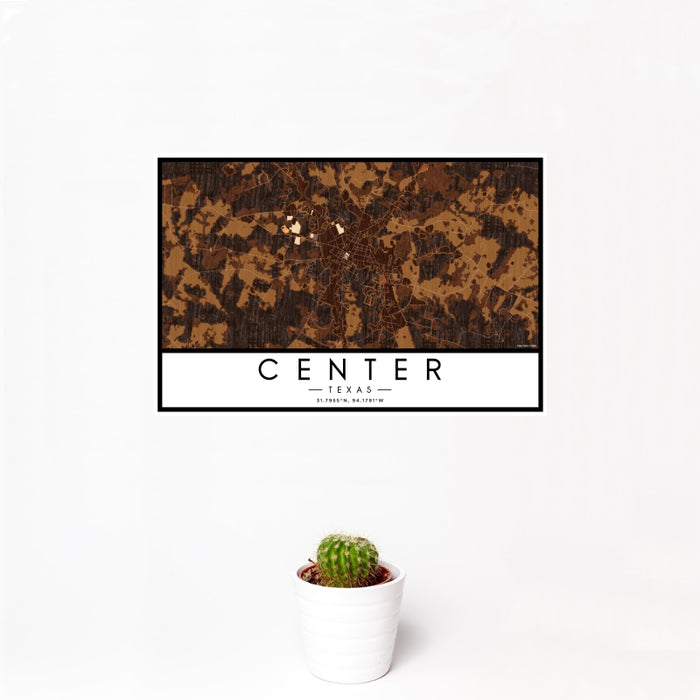 12x18 Center Texas Map Print Landscape Orientation in Ember Style With Small Cactus Plant in White Planter