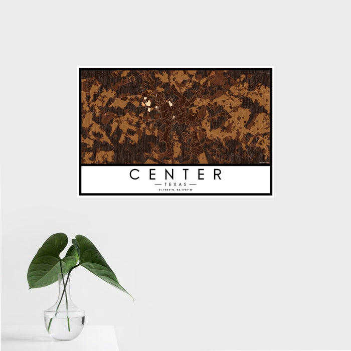16x24 Center Texas Map Print Landscape Orientation in Ember Style With Tropical Plant Leaves in Water