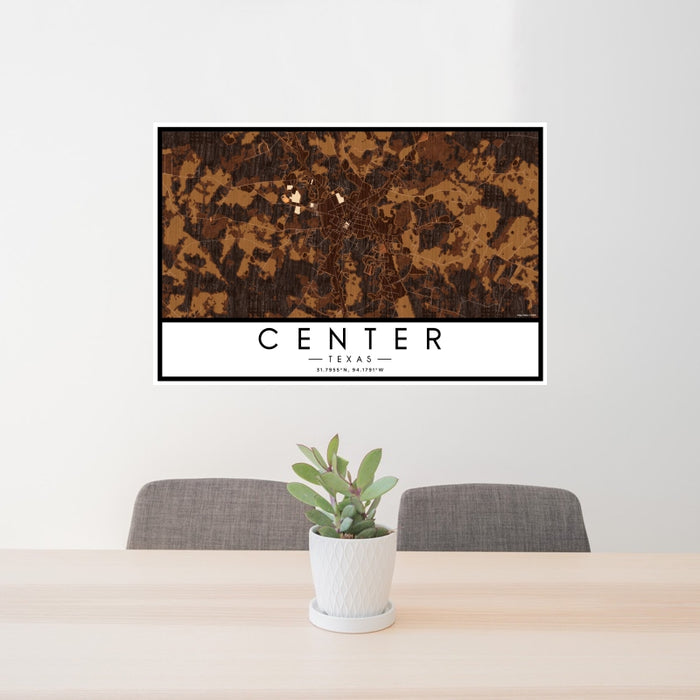 24x36 Center Texas Map Print Landscape Orientation in Ember Style Behind 2 Chairs Table and Potted Plant
