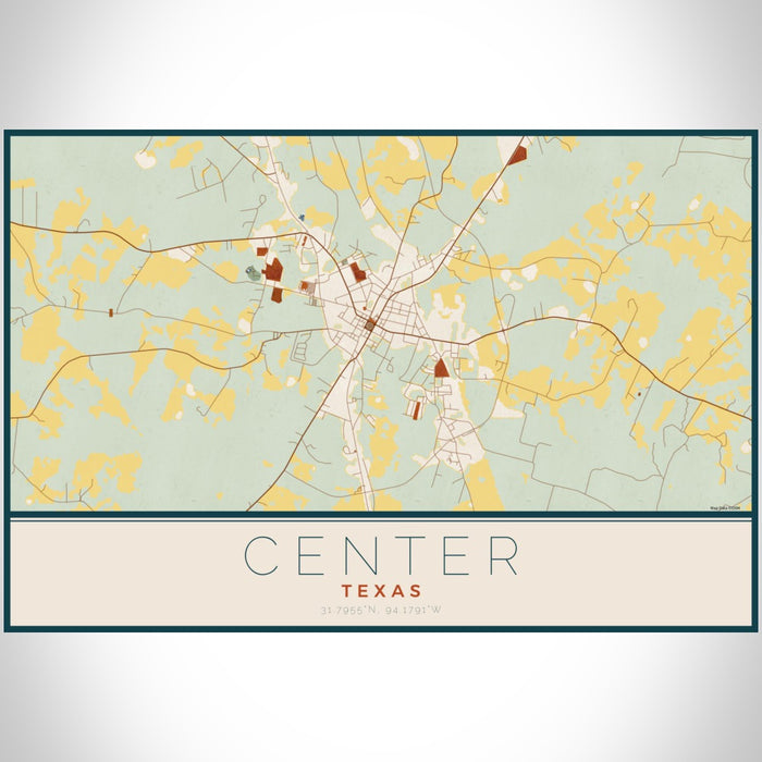 Center Texas Map Print Landscape Orientation in Woodblock Style With Shaded Background