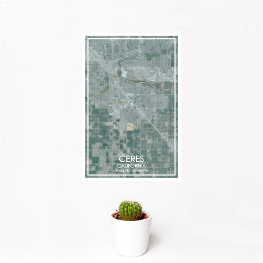 12x18 Ceres California Map Print Portrait Orientation in Afternoon Style With Small Cactus Plant in White Planter