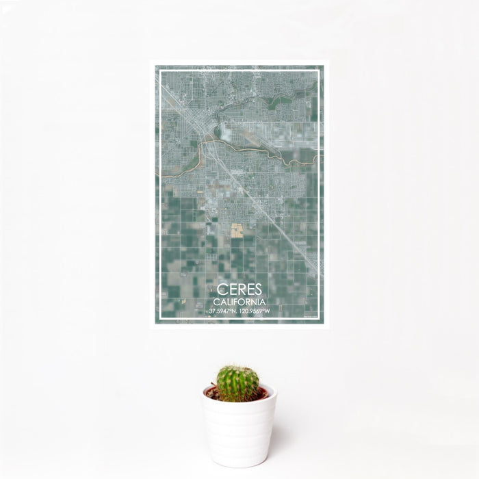 12x18 Ceres California Map Print Portrait Orientation in Afternoon Style With Small Cactus Plant in White Planter