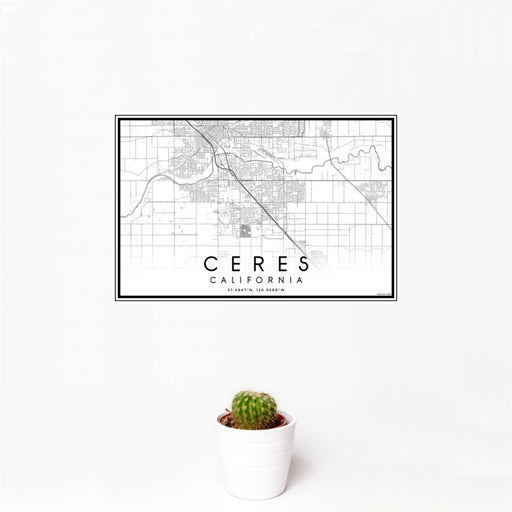 12x18 Ceres California Map Print Landscape Orientation in Classic Style With Small Cactus Plant in White Planter