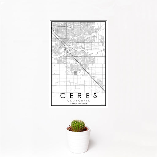 12x18 Ceres California Map Print Portrait Orientation in Classic Style With Small Cactus Plant in White Planter