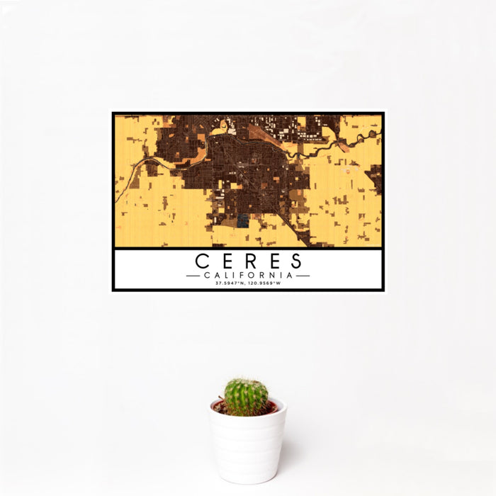 12x18 Ceres California Map Print Landscape Orientation in Ember Style With Small Cactus Plant in White Planter