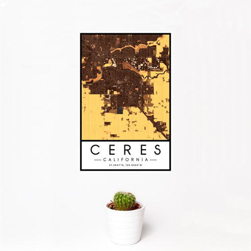 12x18 Ceres California Map Print Portrait Orientation in Ember Style With Small Cactus Plant in White Planter