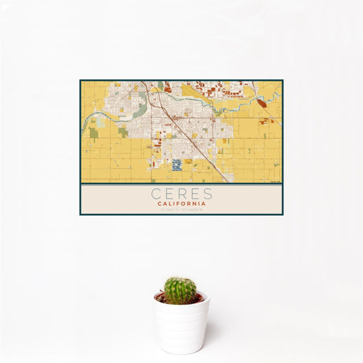 12x18 Ceres California Map Print Landscape Orientation in Woodblock Style With Small Cactus Plant in White Planter