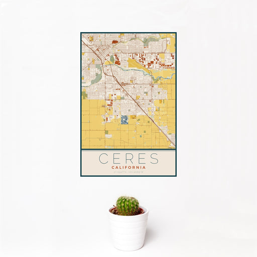 12x18 Ceres California Map Print Portrait Orientation in Woodblock Style With Small Cactus Plant in White Planter