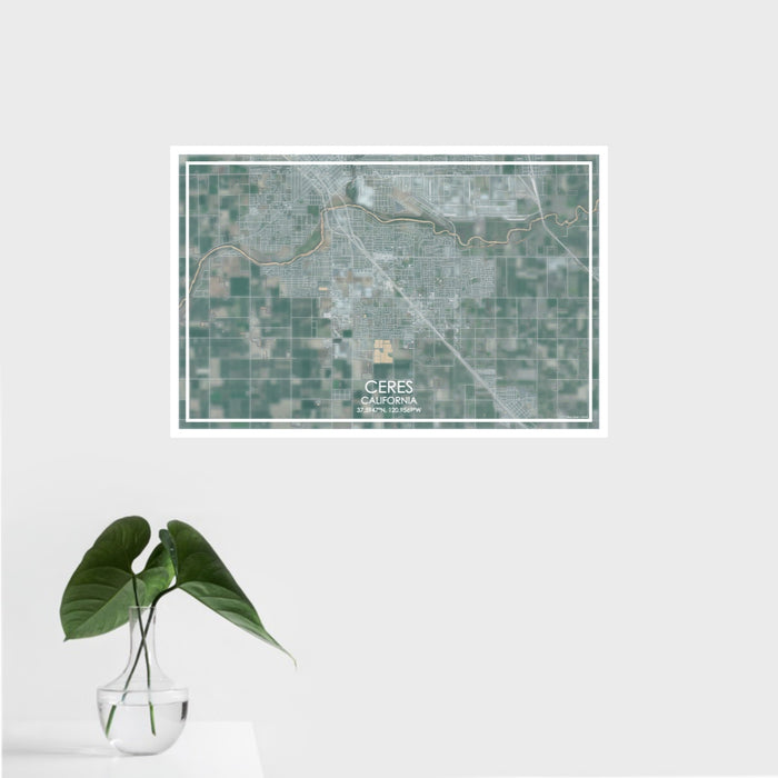 16x24 Ceres California Map Print Landscape Orientation in Afternoon Style With Tropical Plant Leaves in Water