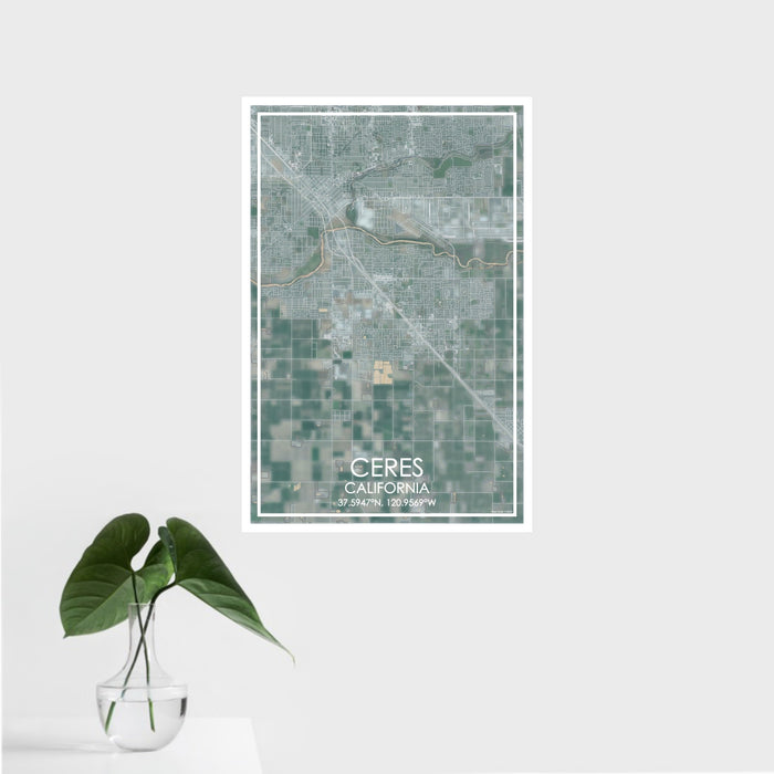 16x24 Ceres California Map Print Portrait Orientation in Afternoon Style With Tropical Plant Leaves in Water