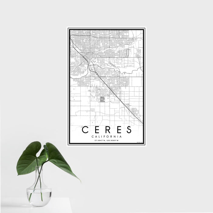 16x24 Ceres California Map Print Portrait Orientation in Classic Style With Tropical Plant Leaves in Water