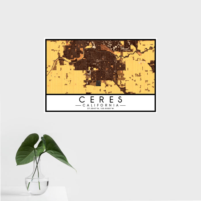 16x24 Ceres California Map Print Landscape Orientation in Ember Style With Tropical Plant Leaves in Water
