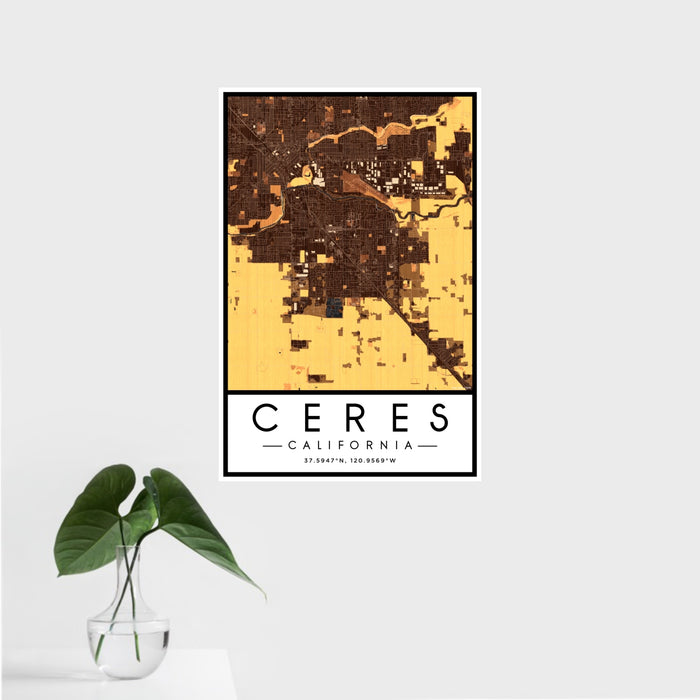 16x24 Ceres California Map Print Portrait Orientation in Ember Style With Tropical Plant Leaves in Water