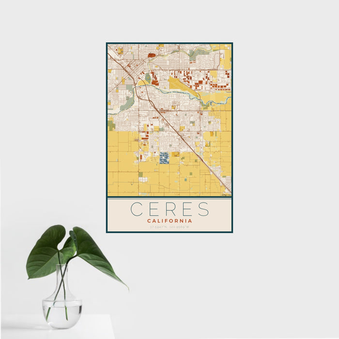 16x24 Ceres California Map Print Portrait Orientation in Woodblock Style With Tropical Plant Leaves in Water