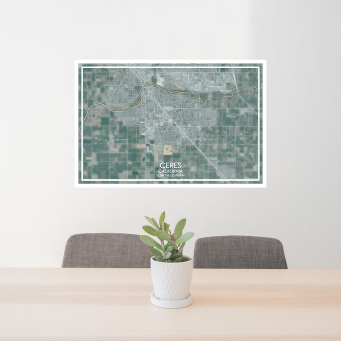 24x36 Ceres California Map Print Lanscape Orientation in Afternoon Style Behind 2 Chairs Table and Potted Plant