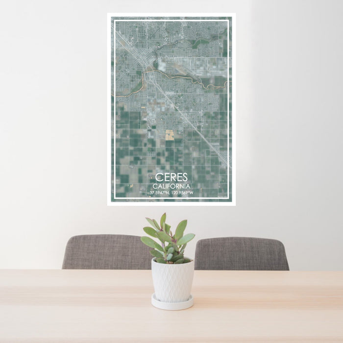 24x36 Ceres California Map Print Portrait Orientation in Afternoon Style Behind 2 Chairs Table and Potted Plant