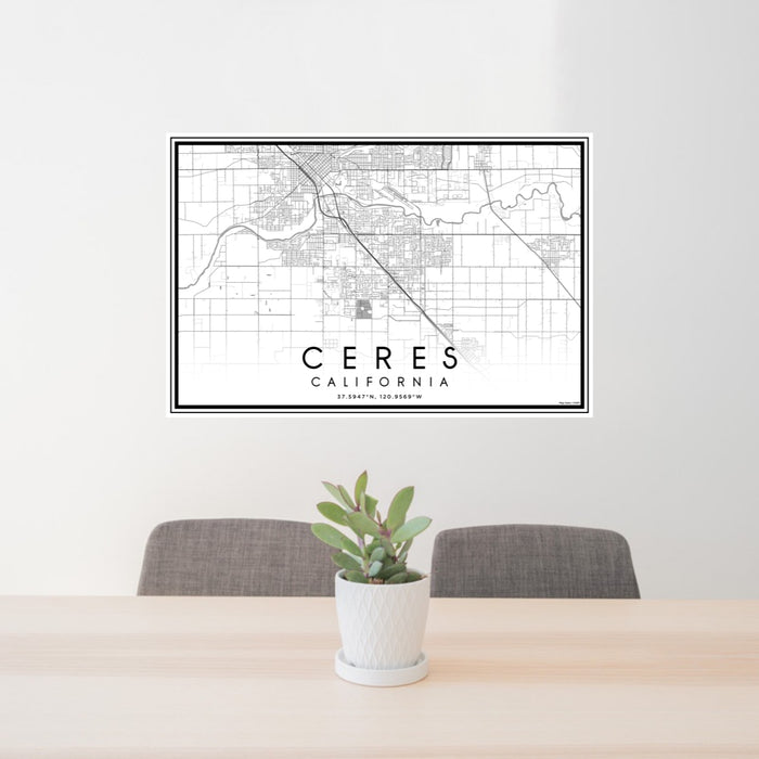 24x36 Ceres California Map Print Lanscape Orientation in Classic Style Behind 2 Chairs Table and Potted Plant