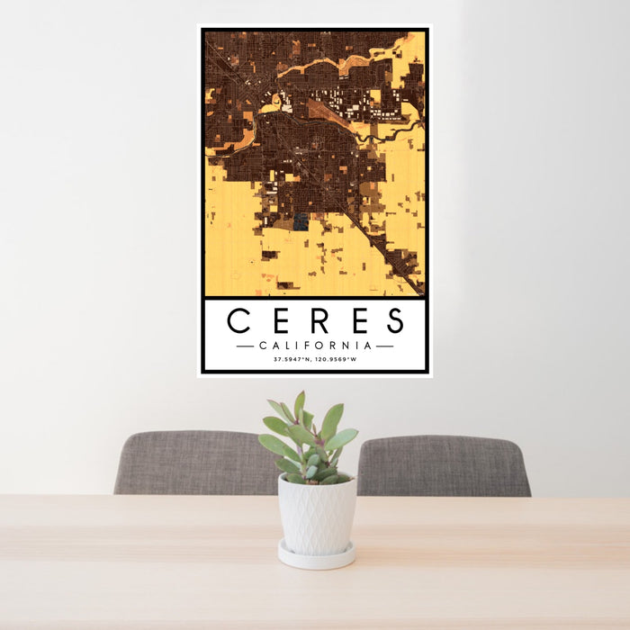 24x36 Ceres California Map Print Portrait Orientation in Ember Style Behind 2 Chairs Table and Potted Plant
