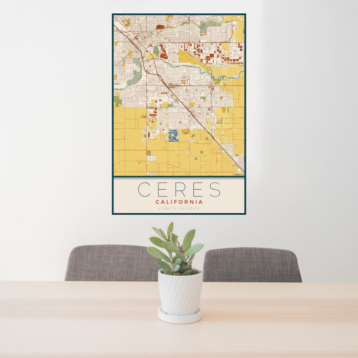 24x36 Ceres California Map Print Portrait Orientation in Woodblock Style Behind 2 Chairs Table and Potted Plant