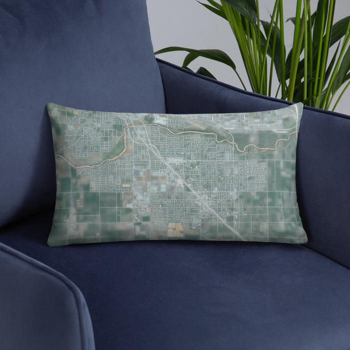 Custom Ceres California Map Throw Pillow in Afternoon on Blue Colored Chair