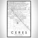 Ceres California Map Print Portrait Orientation in Classic Style With Shaded Background