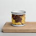 Front View Custom Ceres California Map Enamel Mug in Ember on Cutting Board