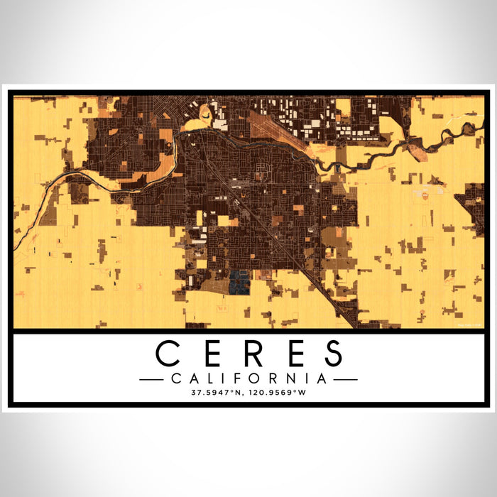 Ceres California Map Print Landscape Orientation in Ember Style With Shaded Background