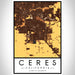 Ceres California Map Print Portrait Orientation in Ember Style With Shaded Background