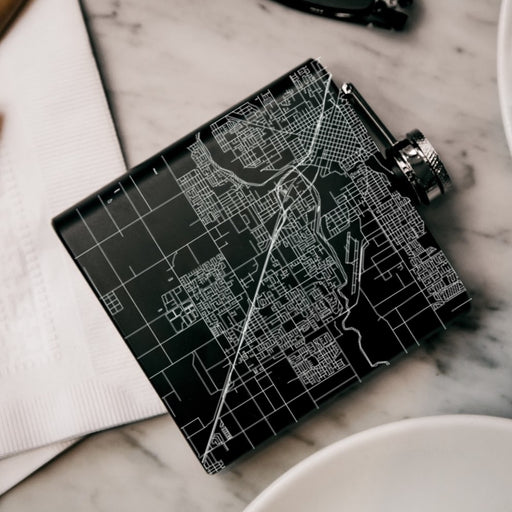 Ceres California Custom Engraved City Map Inscription Coordinates on 6oz Stainless Steel Flask in Black