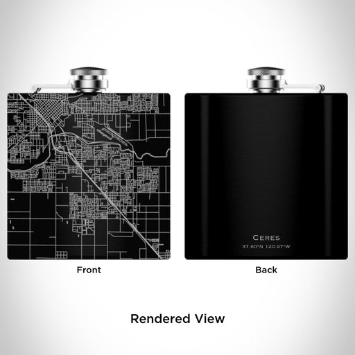 Rendered View of Ceres California Map Engraving on 6oz Stainless Steel Flask in Black