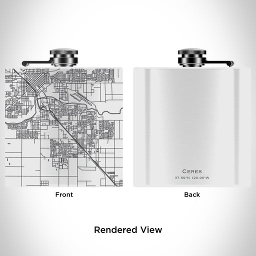 Rendered View of Ceres California Map Engraving on 6oz Stainless Steel Flask in White
