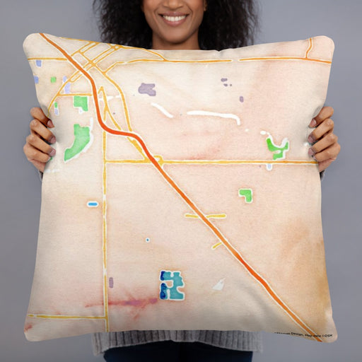 Person holding 22x22 Custom Ceres California Map Throw Pillow in Watercolor