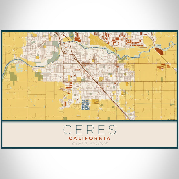 Ceres California Map Print Landscape Orientation in Woodblock Style With Shaded Background